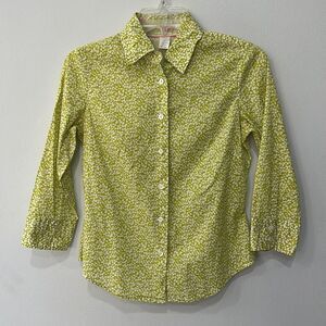 J. Crew Cotton Floral Light Green/Yellow Button Up Shirt 3/4 Sleeve Size XS